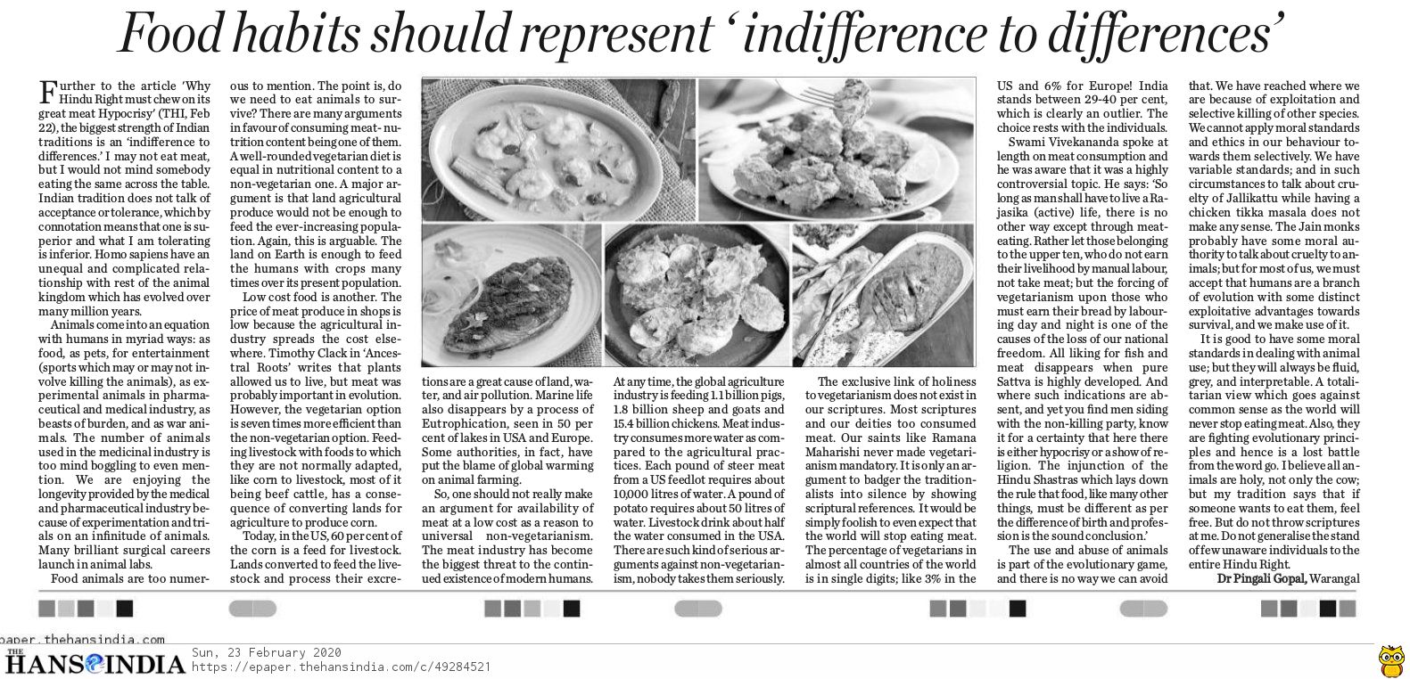 LETTER ON VEGETARIANISM AND NON-VEGETARIANISM 23.02.2020